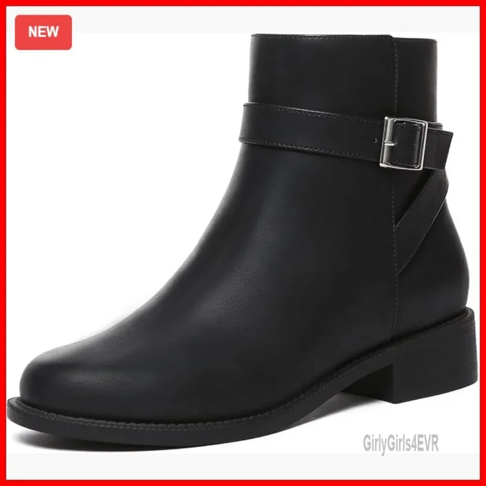 Chunky Low Heel Ankle Booties Round Toe Buckle Zip Closure Leather Boots